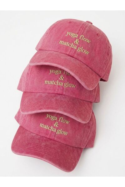 Unisex Pembe Eskitme Washed Şapka Yoga Flow & Matcha Glow Nakışlı Beyzbol Kep