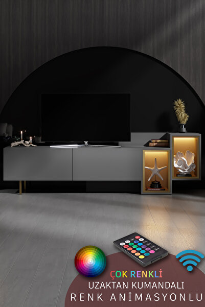 Modatte TENON 213.2 cm TV ÜNİTESİ RGB LED IŞIKLI GOLD DEMİR AYAKLI RAFLI DOLA...
