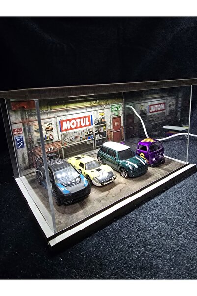 fabrikahşap 4 Araçlık Usbli Ledli Kayar Kapaklı 1/64 Diorama Model Araba Stan...