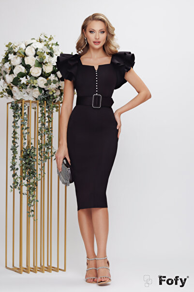 Fofy Rochie de ocazie eleganta din neopren negru cu volane la maneci si cristale