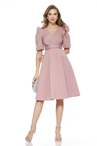 Fofy Rochie de ocazie eleganta roz din neopren cu decolteu si aplicatii de cr...