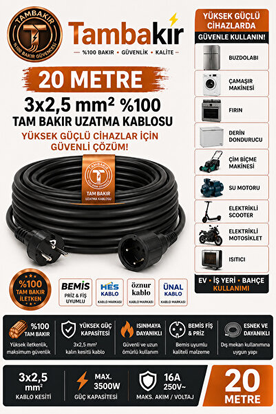 inwatt 20 Metre - 3x2,5 mm %100 Tam Bakır Uzatma Kablosu | Tekli Kauçuk Fiş |...