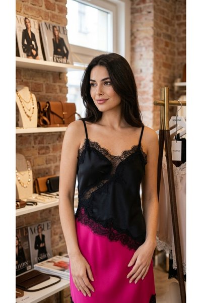 Lovely butik Women's Lace Embroidered Satin Athlete Blouse Asymmetrical Cut S...