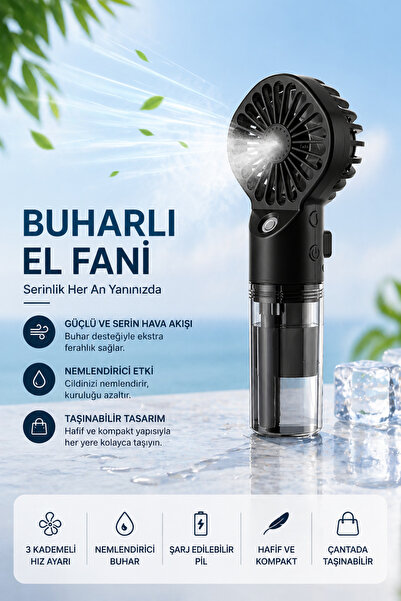 KATJMER Su Buharlı Mini El Fanı – 4 Kademeli Şarjlı Taşınabilir Nemlendirici ...