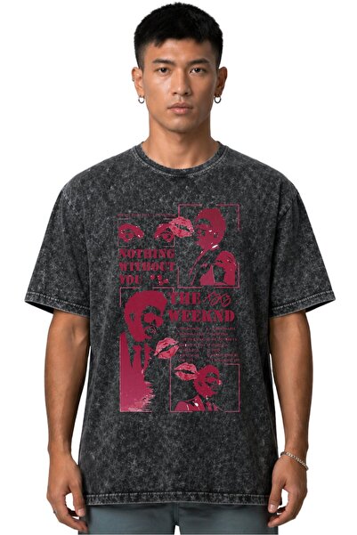 SEVBANO Tricou unisex oversize vintage spălat, cu imprimeu frontal, The Weekn...