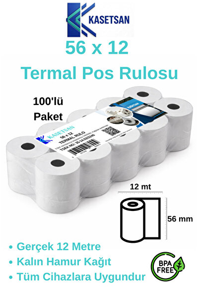 Kasetsan 56x12 Termal Pos Rulosu 100'lü Paket BPA’sız Tüm Poslarla Uyumlu
