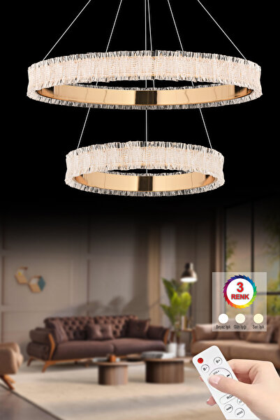 İstanbul Avize Lavanta Çift Katlı Gold 3 Renk Kumandalı Lüx Led Modern Ledli ...