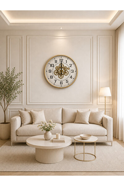 Evdeki Mağaza 45x45cm-Evdeki Çarklı Saat-Krem çerçeve Gold Ön detay