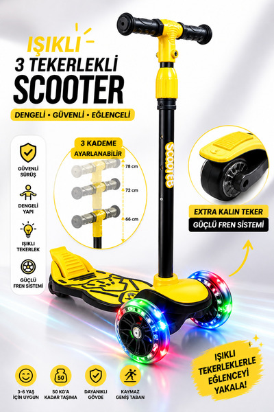 YILDIRIM OYUNCAK LED Işıklı 3 Tekerlekli Çocuk Twist Scooter – Ayarlanabilir ...