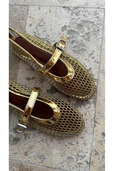 cevaplus Cody Gold Glittery Mesh Belt Detailed Ballerinas