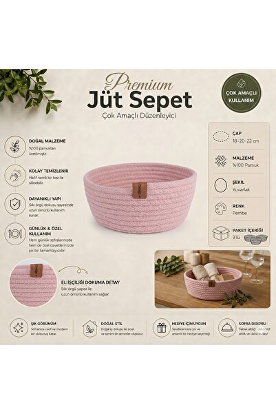 Fabrix Home Premium 100% Cotton 3-Piece Multi-Purpose Round Basket Set – Pink