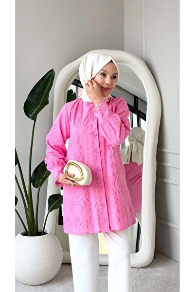 Moda Asrın Yakası Ve Kolu Dantelli Top Düğmeli Astarlı Gömlek -Pembe