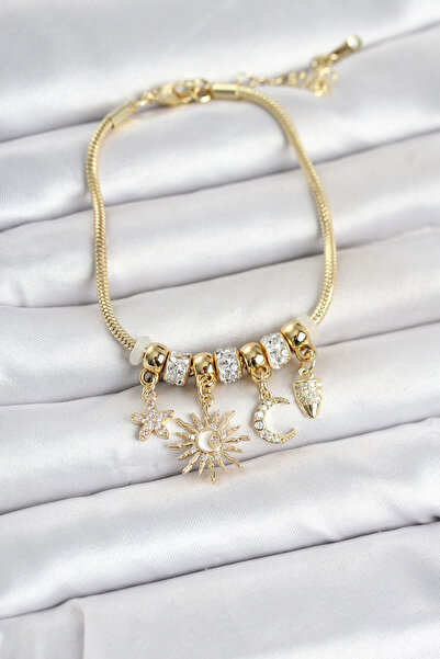 Clariss Brass Gold Color Day and Night Themed Women's Bracelet with Charms