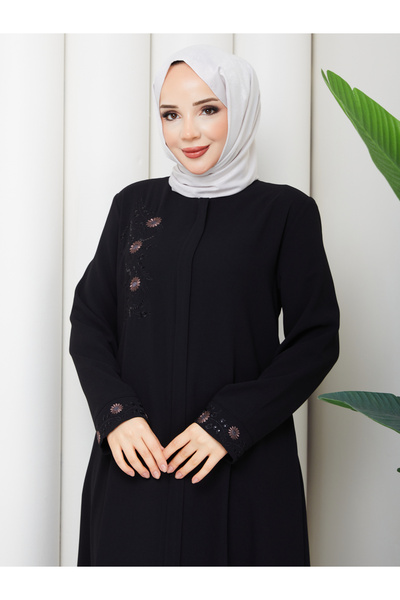 Efelif Robă neagră cu fermoar, broderie florală, mărime mare