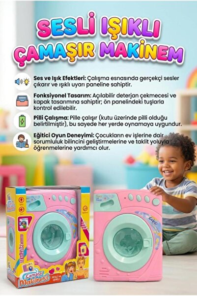 Tıfıl Toys Sesli Işıklı Pilli 4 Düğmeli Çamaşır Makinası Kapakları Açılabilir...
