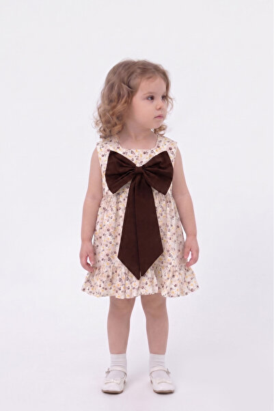 Bertuğ Bebek Floral Zero Sleeve Brown Bow Cotton Casual Stylish Girls Dress