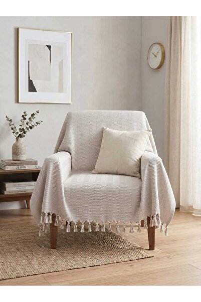 Grape Textile Balık Sırtı Serisi/Bej/Pamuklu/Püsküllü/Tekli Koltuk Örtüsü