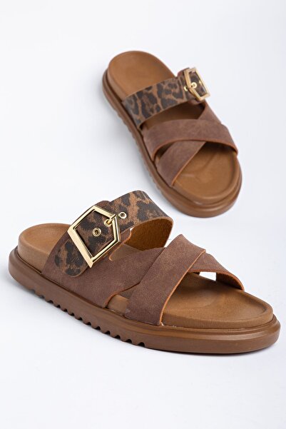 Moda Eleysa Ella Women's Tan-Leopard Skin Gold Detailed Poly Sole Slippers
