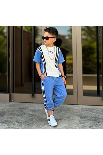 YİGİT BUTİK Trendy Boy's Denim Suit with Stripes Sports Combination