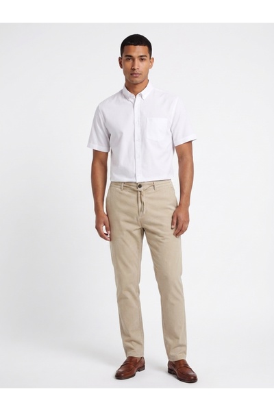 Rodrigo Erkek Bej Beli Bağlamalı Yan Cepli Jogger Pantolon Slim Fit Rahat Kesim