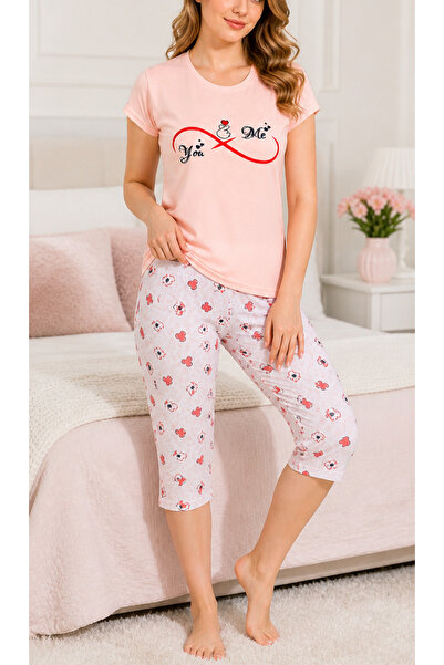 PAMUL Kadın Kapri Pijama Takımı | Yazlık Kalp Desenli Rahat Pijama