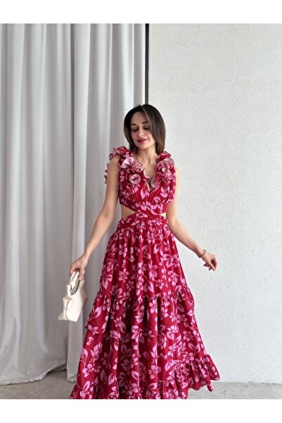 Çiçek Desenli Yakası Volanlı Cut-Out Maxi Elbise 5059