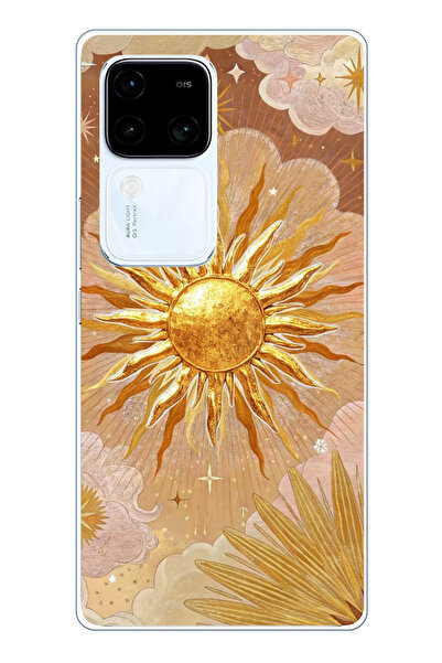 TechTree Vivo V30 Uyumlu Altın Güneş ve Yıldız Desenli Baskılı Silikon Kılıf