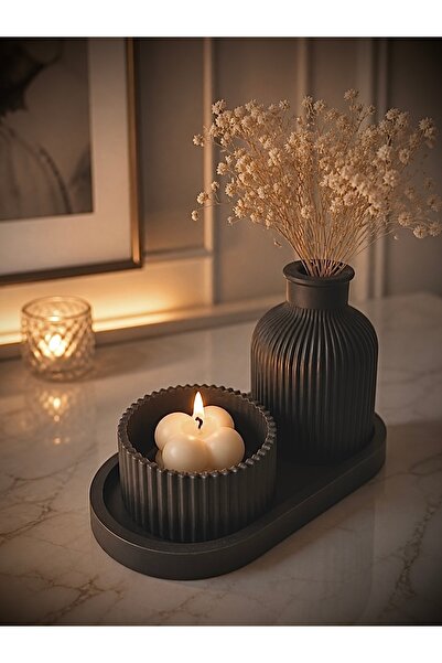 YASMELLA HOME Mat Siyah Dekoratif Mumluk & Vazo Seti
