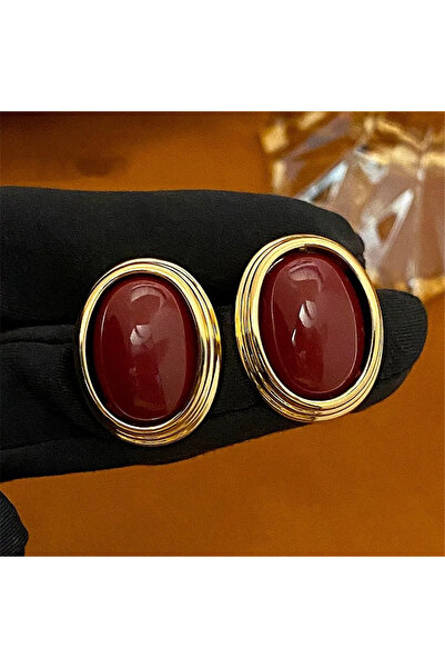 Pelin Aksesuar Burgundy Dark Colored Shiny Textured Gold Framed Oval Earrings