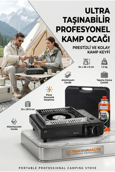 Transformacion Çantalı SİYAH Portatif Kamp Ocağı + 1 X Kartuş Piknik Ocağı Ot...