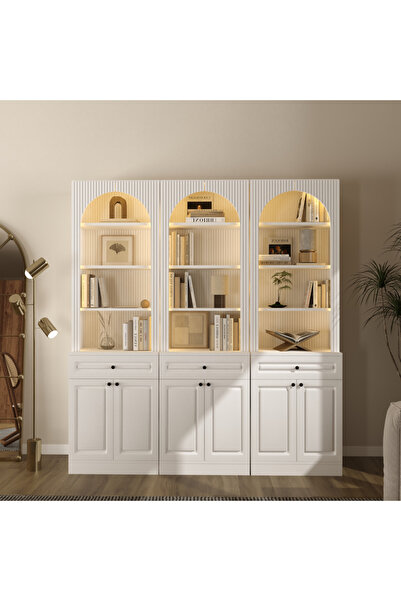 klubeconcept Klube Concept İNCİ LED Işıklı Kemerli Kitaplık Dolap ve Çekmecel...
