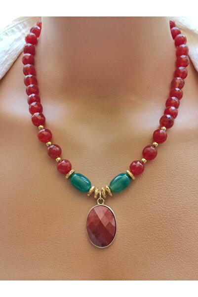 elinasaccessories Elinas El Yapımı Doğal Akik Taşlı Kırmızı Yeşil Altın Kapla...