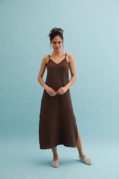 Silk and Cashmere Acı Kahve Cassandra V Yaka Elbise