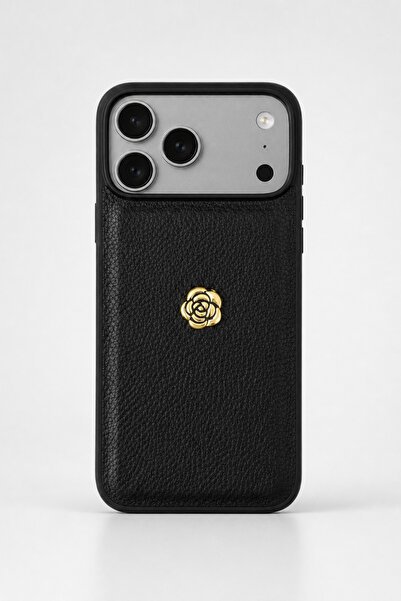QUSCHU iPhone 17 Pro / 18 Pro Uyumlu Deri Dokulu Gold Gül Detaylı Telefon Kılıfı