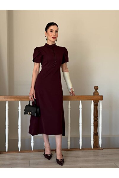 YK FASHION Midi Düğme Detaylı Elbise