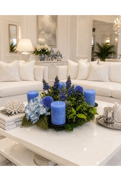 Flowersbymeral 4 Mavi Mumlu Ortancalı Masa Süsü