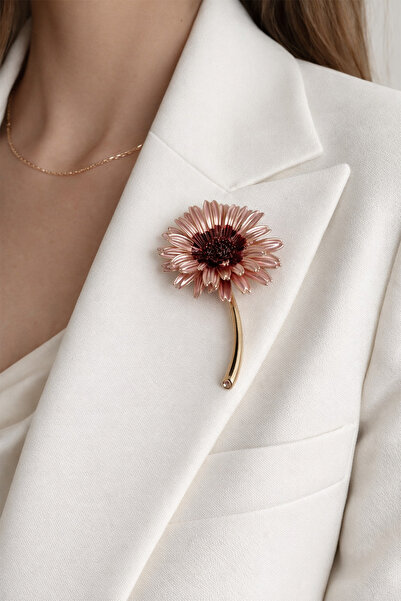 Modex Rose Rengi Çiçek Formlu Zarif Broş (5cm)