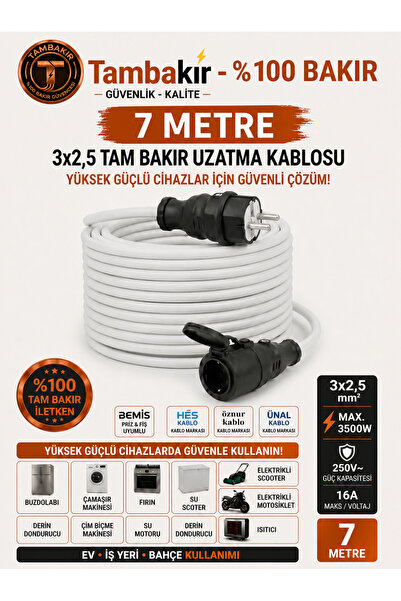 Electric Motorcycle Charge Extension, 7 meters - Single Plug Socket Rubber , 3x2,5 100% Copper Mobile Cable