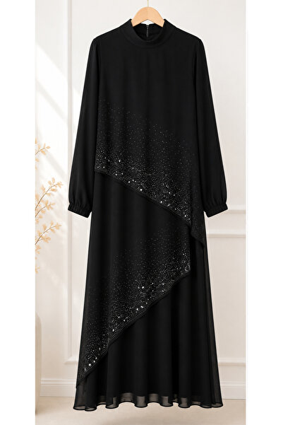 LUNERASTİL Taş Detaylı Katlı Şifon Abaya Elbise – Siyah