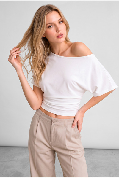 OLYNN Beyaz Ultra Premium Soft Bele Oturan Kayık Yaka Kısa Kol Bluz
