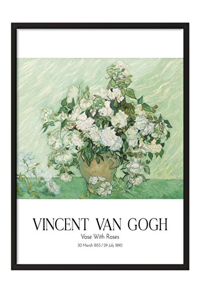 Postifull Vincent Van Gogh - Vase With Roses, Siyah Çerçeveli Tablo, Sanat Se...