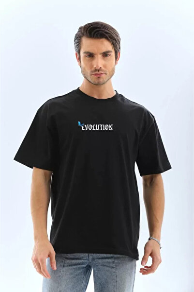 Efnaz style Unisex Crew Neck Printed Oversize T-Shirt - Black