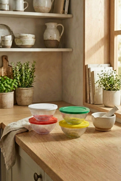 leelaHOME Set of 4 Line Patterned Glass Storage Containers with Colorful Lids...