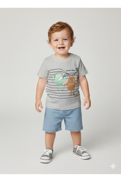 Bip Baby Baby Boy 2-Piece Set Striped T-Shirt with Monster Figure and Denim S...