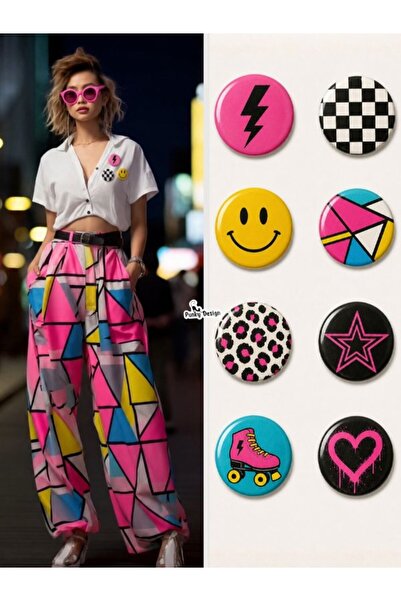 Punky Store 8’li Set-2 Renkli Pop Art Rozet Seti 44 mm – Smiley, Yıldız, Kalp...