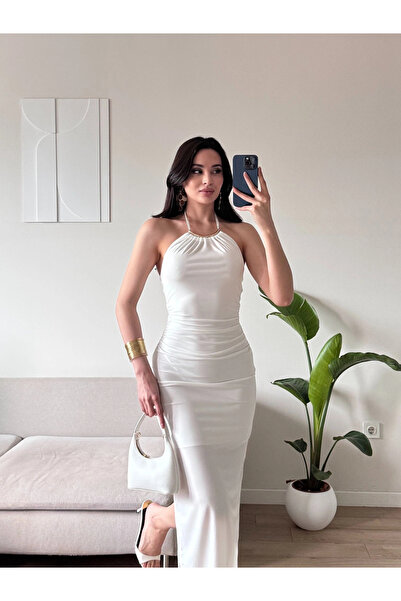 Zoom Butik Halter Yaka Aksesuarlı Elbise - BEYAZ