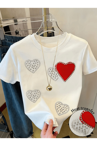 one button Φωτεινό κόκκινο μπλουζάκι με στάμπα Love Heart Premium Oversize