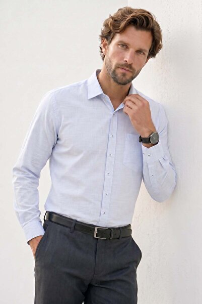 Tudors Erkek Regular Fit Klasik Kesim Oversize %100 Pamuk Keten Doku Mavi Gömlek