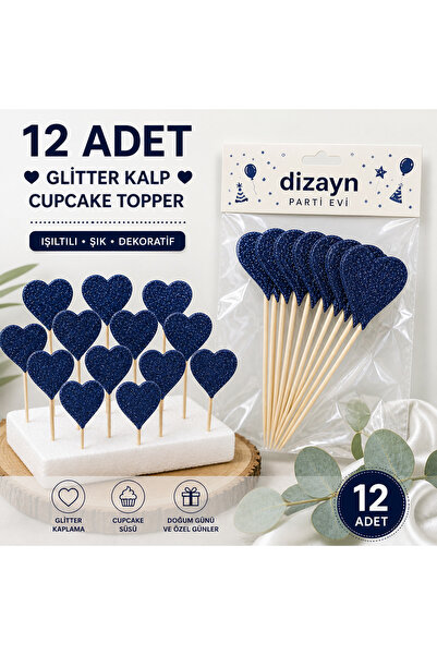 Dizayn Parti Evi Simli Kalp Kürdan Süs Eva 12 Adet Pasta Cupcake İkramlık Süs...
