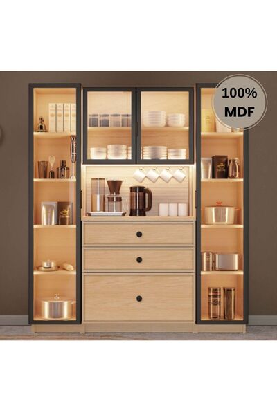 comiet Meşe Mdf Kahve Köşesi Dolabı 4 kapak Çekmeceli Işıklı